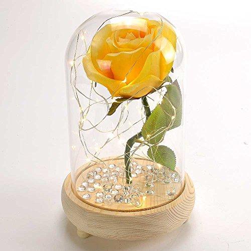 Yellow Belle Handmade Enchanted Rose in Glass Dome Bell Jar with LED Lights
