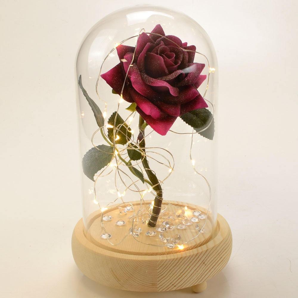 Magical Pink Handmade Enchanted Rose with Glass Dome Bell Jar and LED Lights (23cm) - Angraves Memorials
