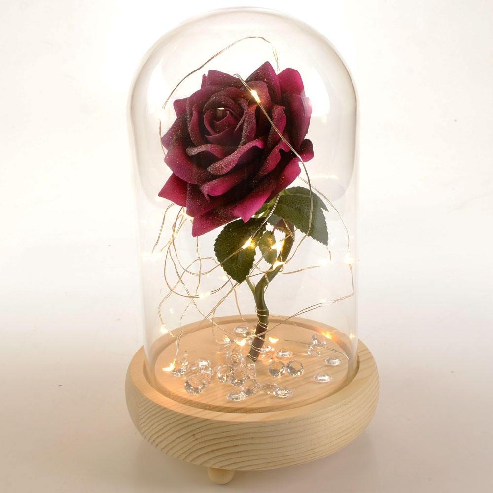 Magical Pink Handmade Enchanted Rose with Glass Dome Bell Jar and LED Lights (23cm) - Angraves Memorials