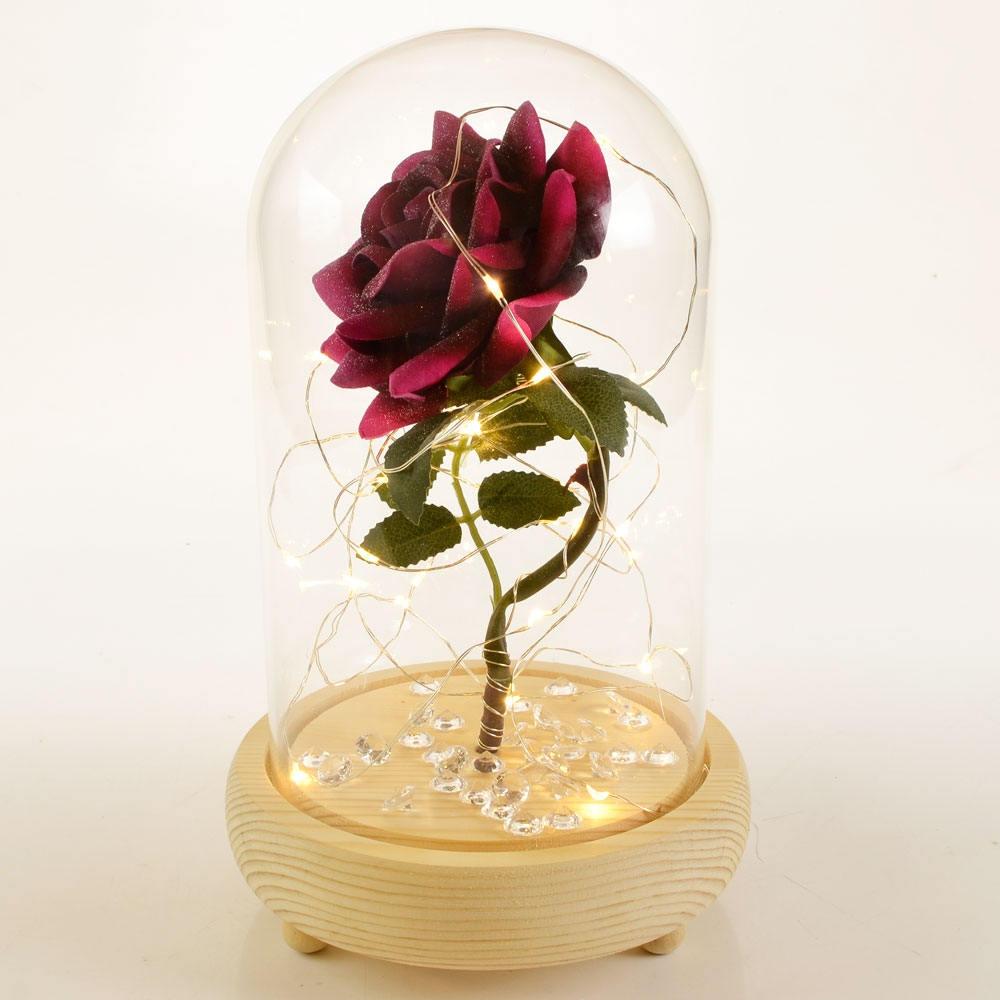 Magical Pink Handmade Enchanted Rose with Glass Dome Bell Jar and LED Lights (23cm) - Angraves Memorials