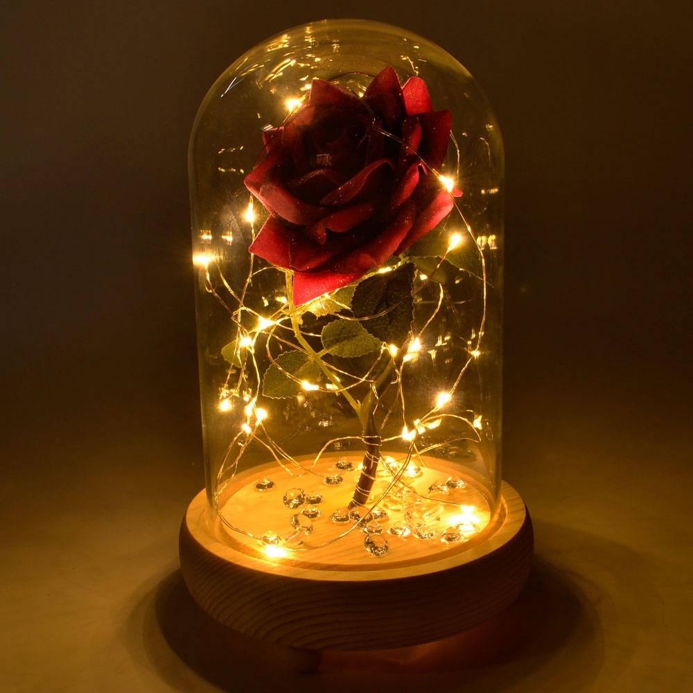 Magical Pink Handmade Enchanted Rose with Glass Dome Bell Jar and LED Lights (23cm) - Angraves Memorials