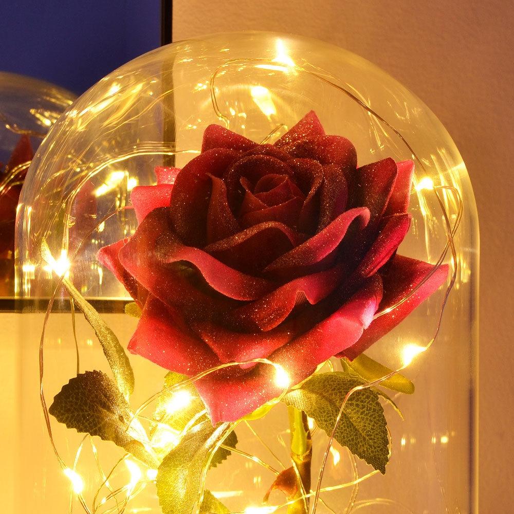 Magical Pink Handmade Enchanted Rose with Glass Dome Bell Jar and LED Lights (23cm) - Angraves Memorials