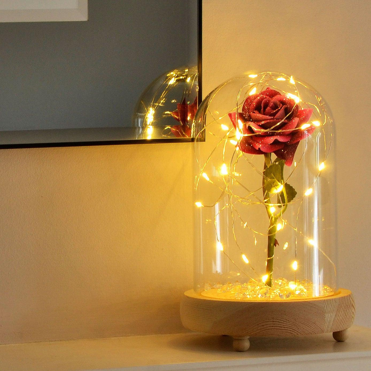 Glitter Pink Handmade Enchanted Rose with Glass Dome Bell Jar and LED Lights (23cm) - Angraves Memorials