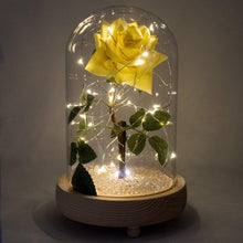Load image into Gallery viewer, Yellow Friendship Sparkle Handmade Enchanted Rose with Glass Dome Bell Jar and LED Lights (23cm)