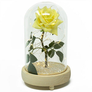 Yellow Friendship Sparkle Handmade Enchanted Rose with Glass Dome Bell Jar and LED Lights (23cm)