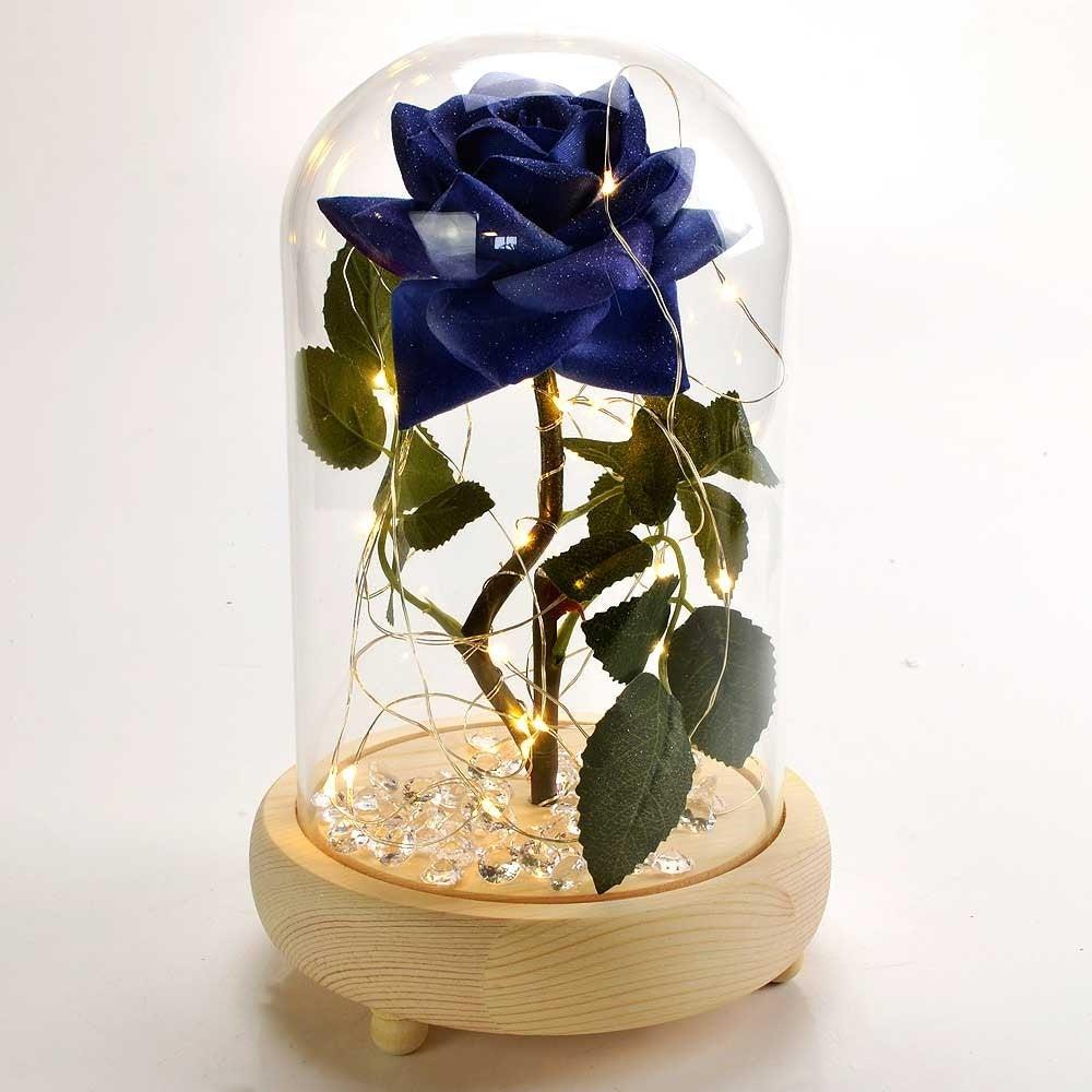Magical Blue Handmade Enchanted Rose with Glass Dome Bell Jar and LED Lights (23cm) - Angraves Memorials