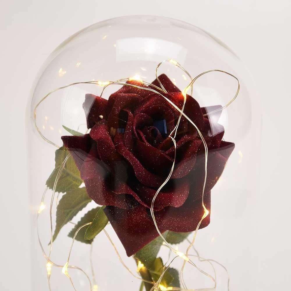 Handmade Magical Red Enchanted Rose in Glass Dome Bell Jar with Pretty LED Lights - Angraves Memorials