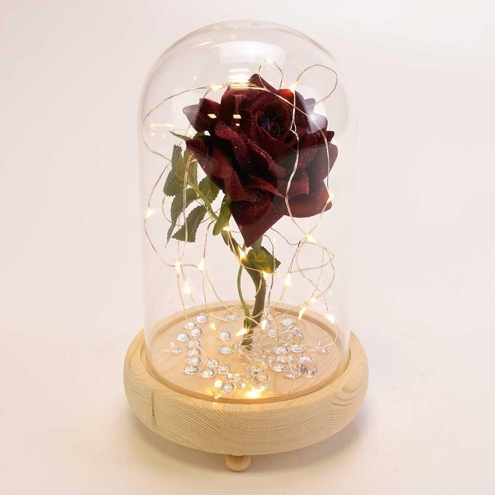 Handmade Magical Red Enchanted Rose in Glass Dome Bell Jar with Pretty LED Lights - Angraves Memorials