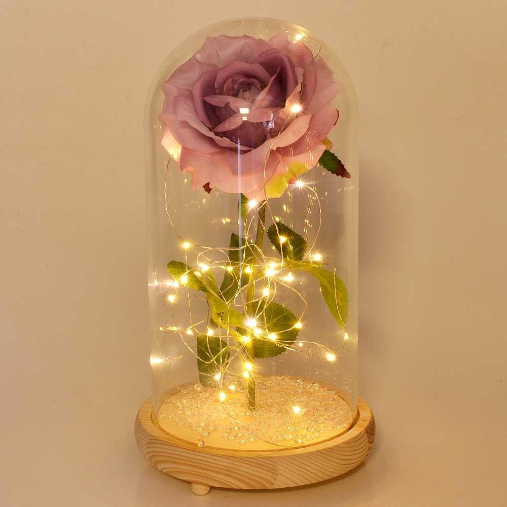 Extra Large Fairy Tale Enchanted Lavender Rose in Glass Dome Bell Jar Cloche with Magical Glow Lights (Perfect for Wedding Displays) - Angraves Memorials